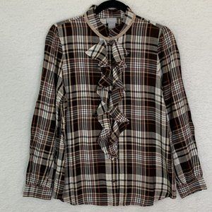 NWT Chico's 0 Women's Small 4/6 Brown Plaid Ruffle Button Up Long Sleeve Shirt